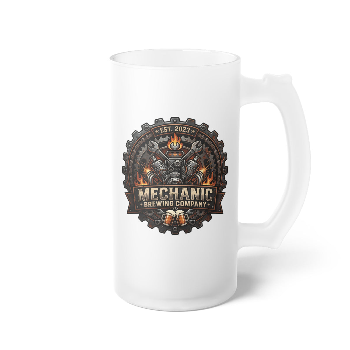 Mechanic Trade Frosted Beer Mug — Rustic Gear & Flame Logo 16oz - DCA0514
