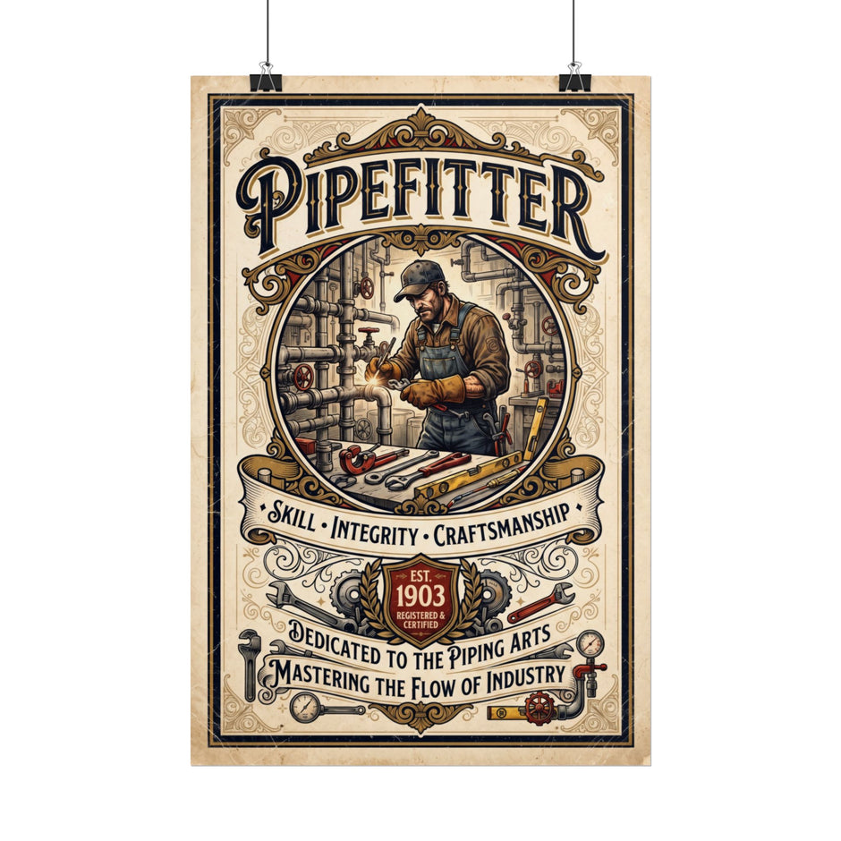 Pipefitter Rolled Poster — Vintage Trades Wall Art: "Skill • Integrity • Craftsmanship" - DCA0377