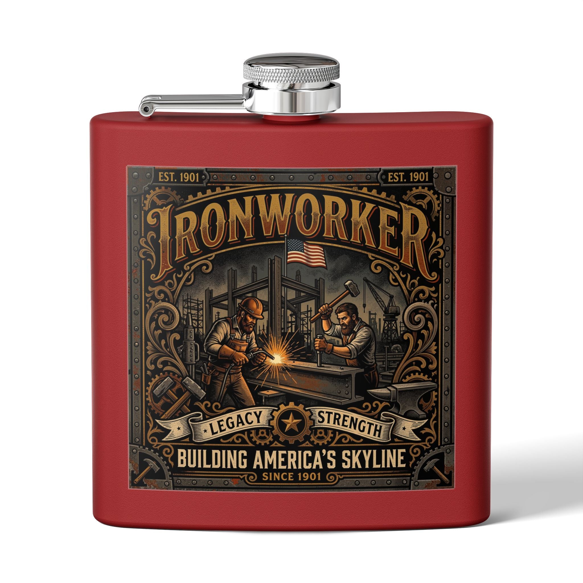 Ironworker Flask — 'Ironworker: Building America's Skyline' Stainless Steel 6oz Hip Flask - DCA0424