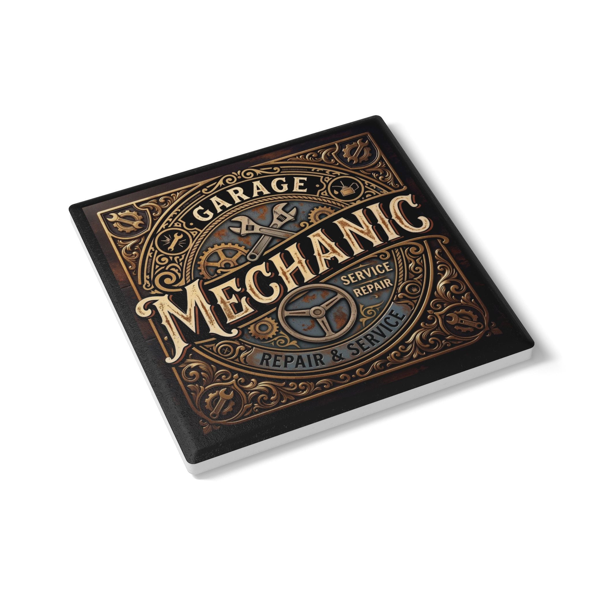 Garage Mechanic Ceramic Coaster — Vintage Repair & Service Design - DCA0234