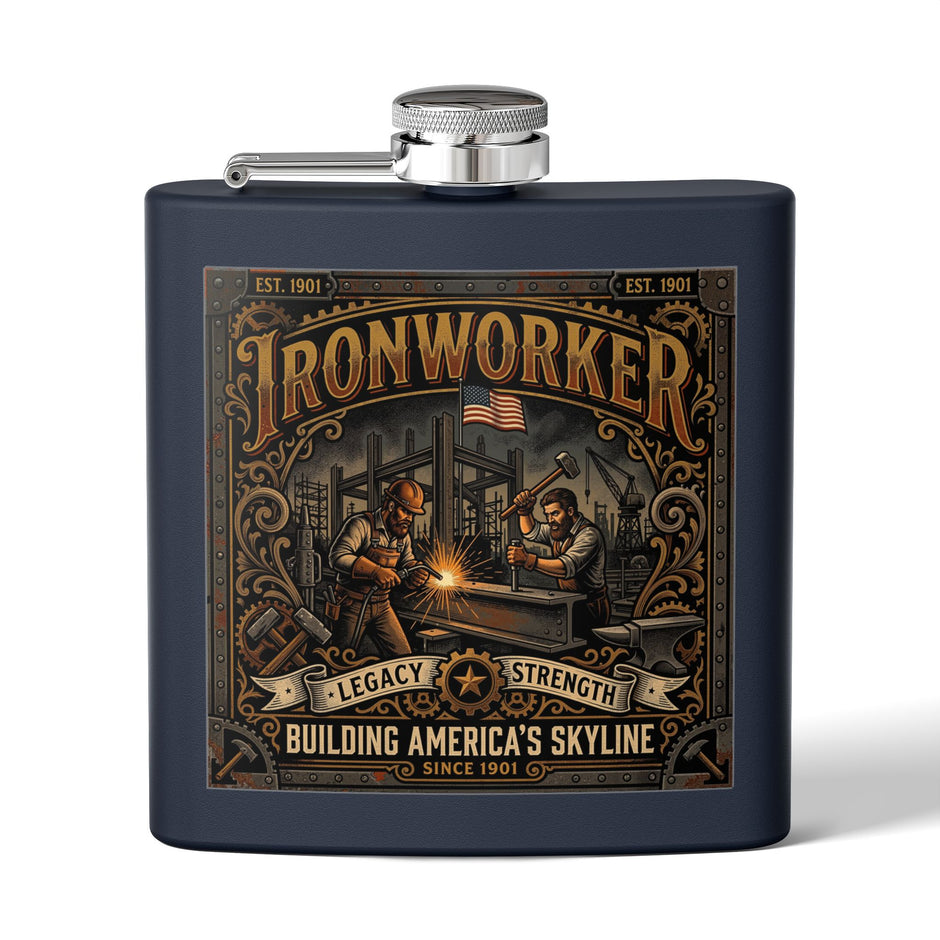 Ironworker Flask — 'Ironworker: Building America's Skyline' Stainless Steel 6oz Hip Flask - DCA0424