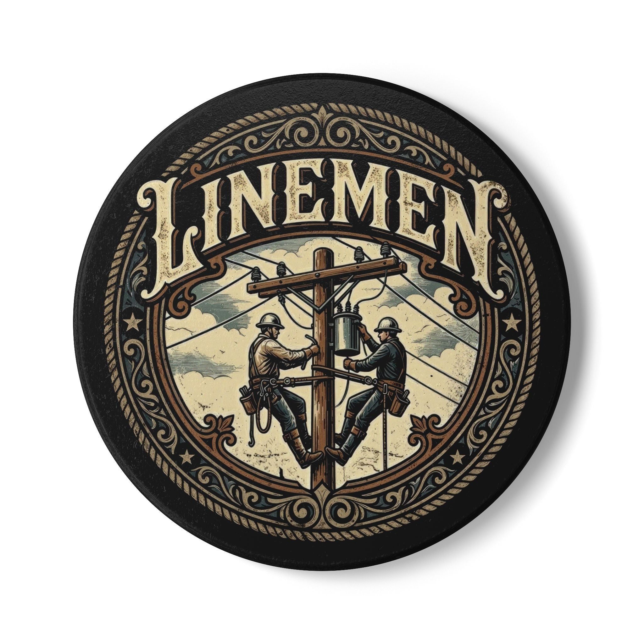 Linemen Ceramic Coaster — Vintage Utility Worker Tribute - DCA0232