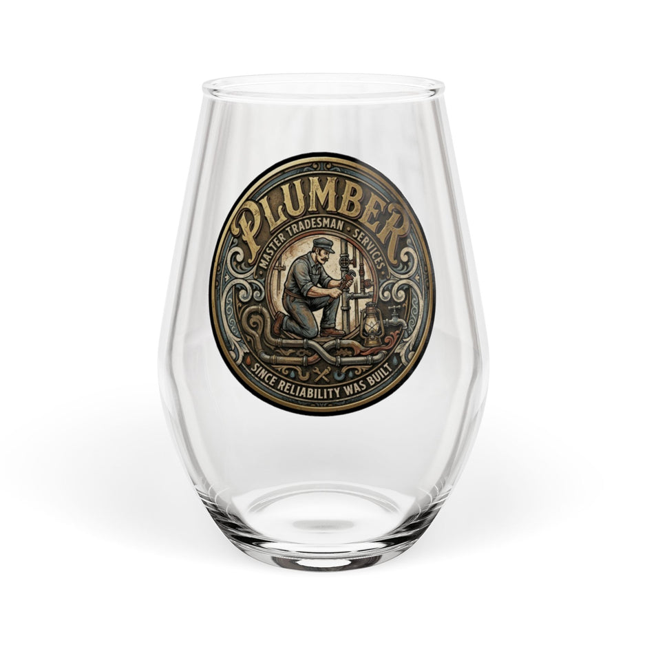 Plumber Vintage Badge Stemless Wine Glass — 11.75 oz - DCA0347