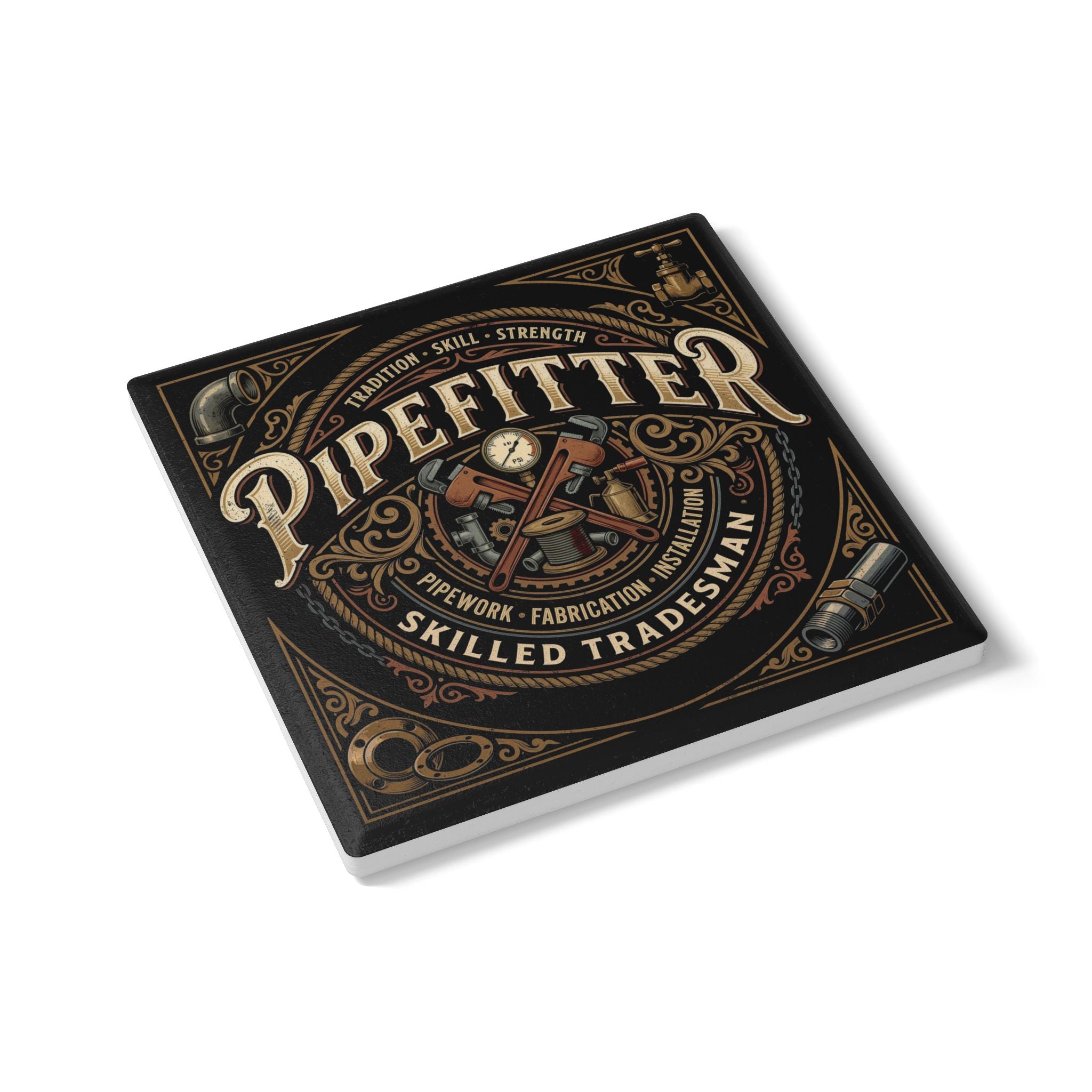 Pipefitter Ceramic Coaster — Skilled Tradesman Vintage Plumbing Design - Pipefitter - DCA0237