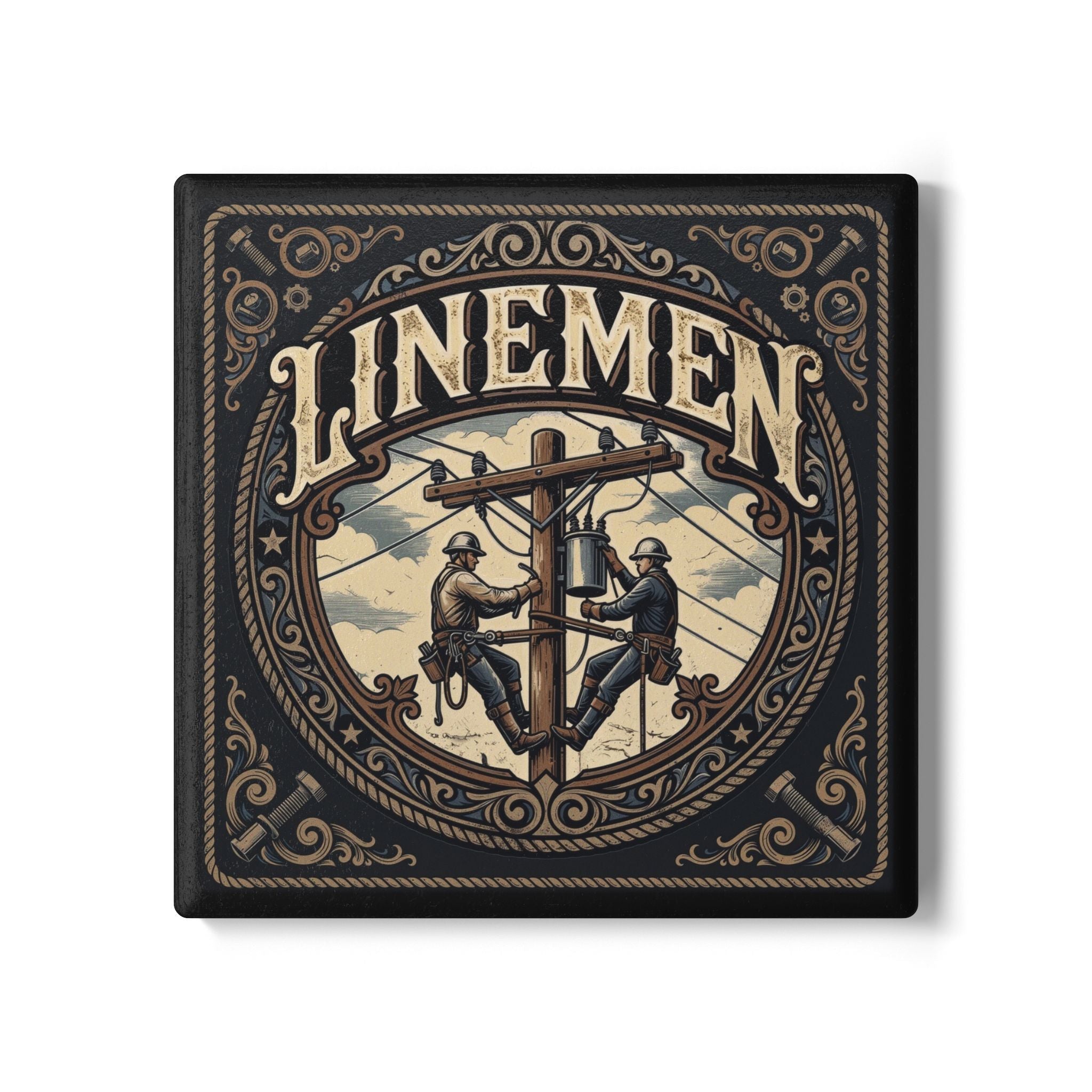 Linemen Ceramic Coaster — Vintage Utility Worker Tribute - DCA0232