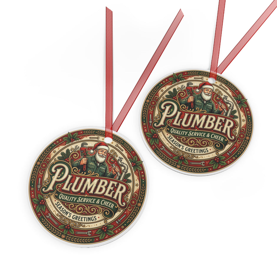 Plumber Christmas Ornament — 'Plumber: Quality Service & Cheer' Holiday Metal Decoration - DCA0458