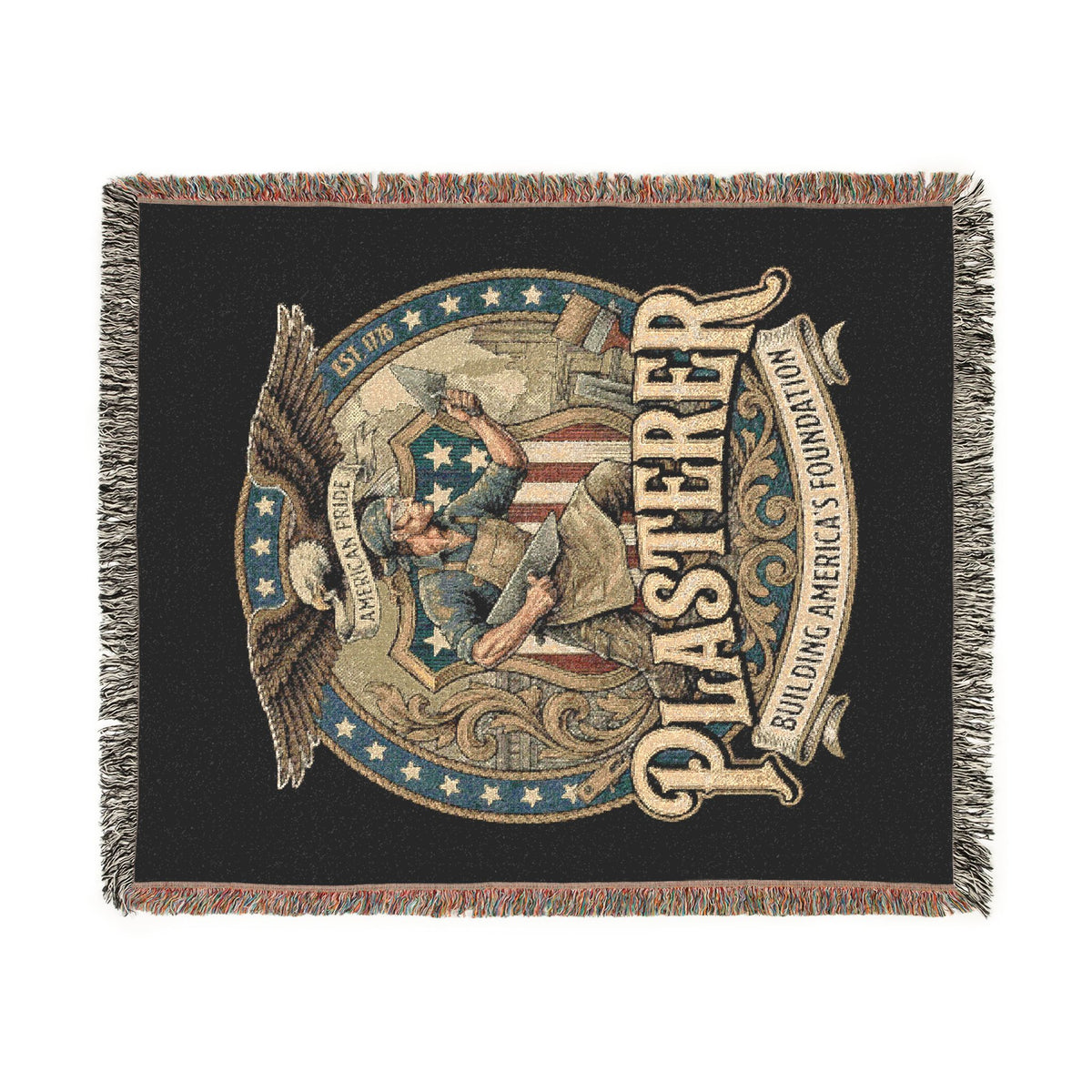 Plasterer Woven Blanket — Patriotic Throw Blanket with Vintage American Seal