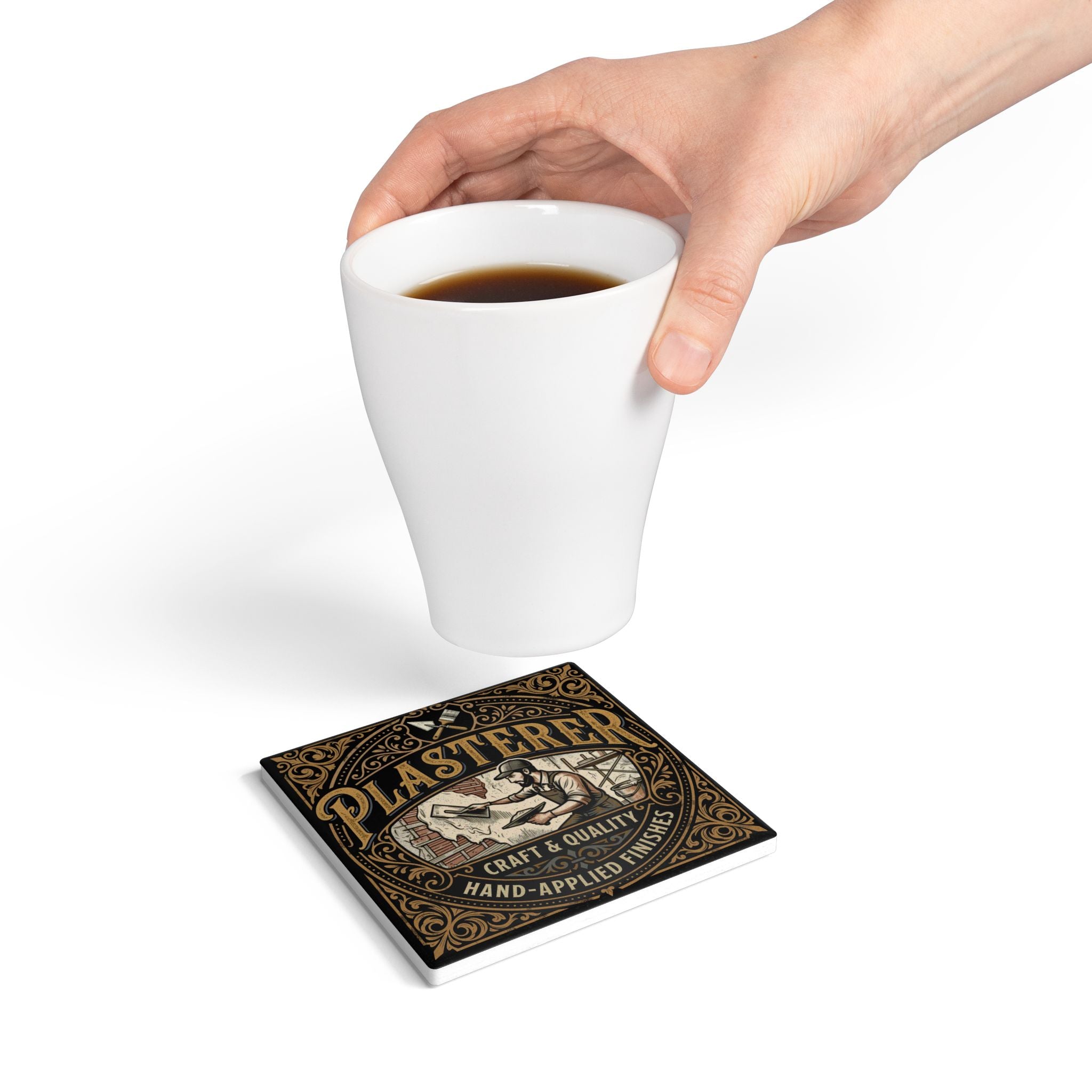 Plasterer Ceramic Coaster — Vintage Tradesman Logo, 'Craft & Quality'- DCA0238