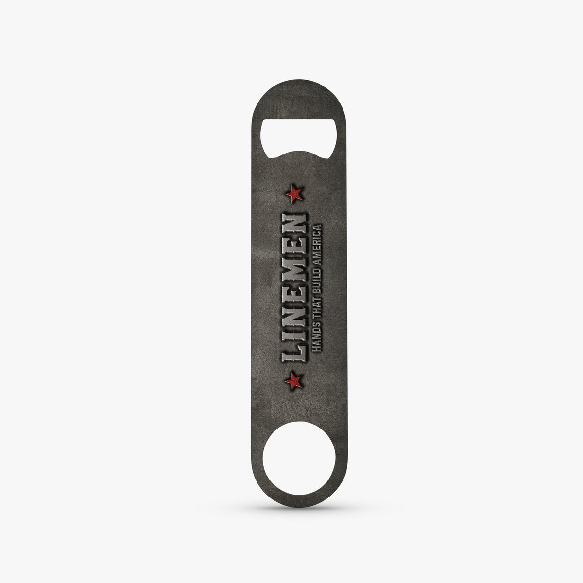A dark gray metal bottle opener with a distressed finish, featuring the text 'LINEMEN' and 'GRADUATE PEACH COUNTY AMERICA' with red star accents, shown on a light gray background.