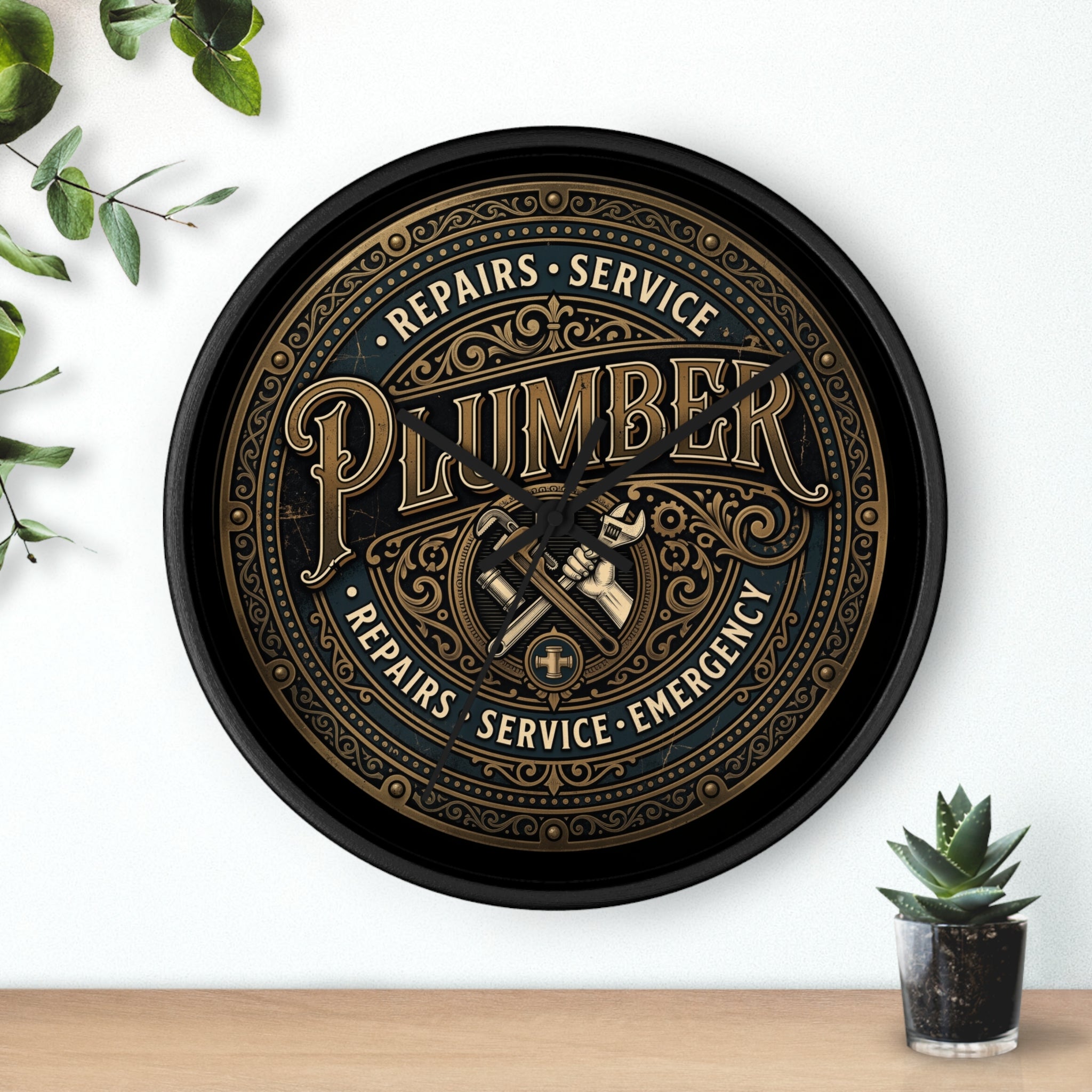 Plumber Vintage Emblem Wall Clock — Repairs • Service • Emergency - DCA0398