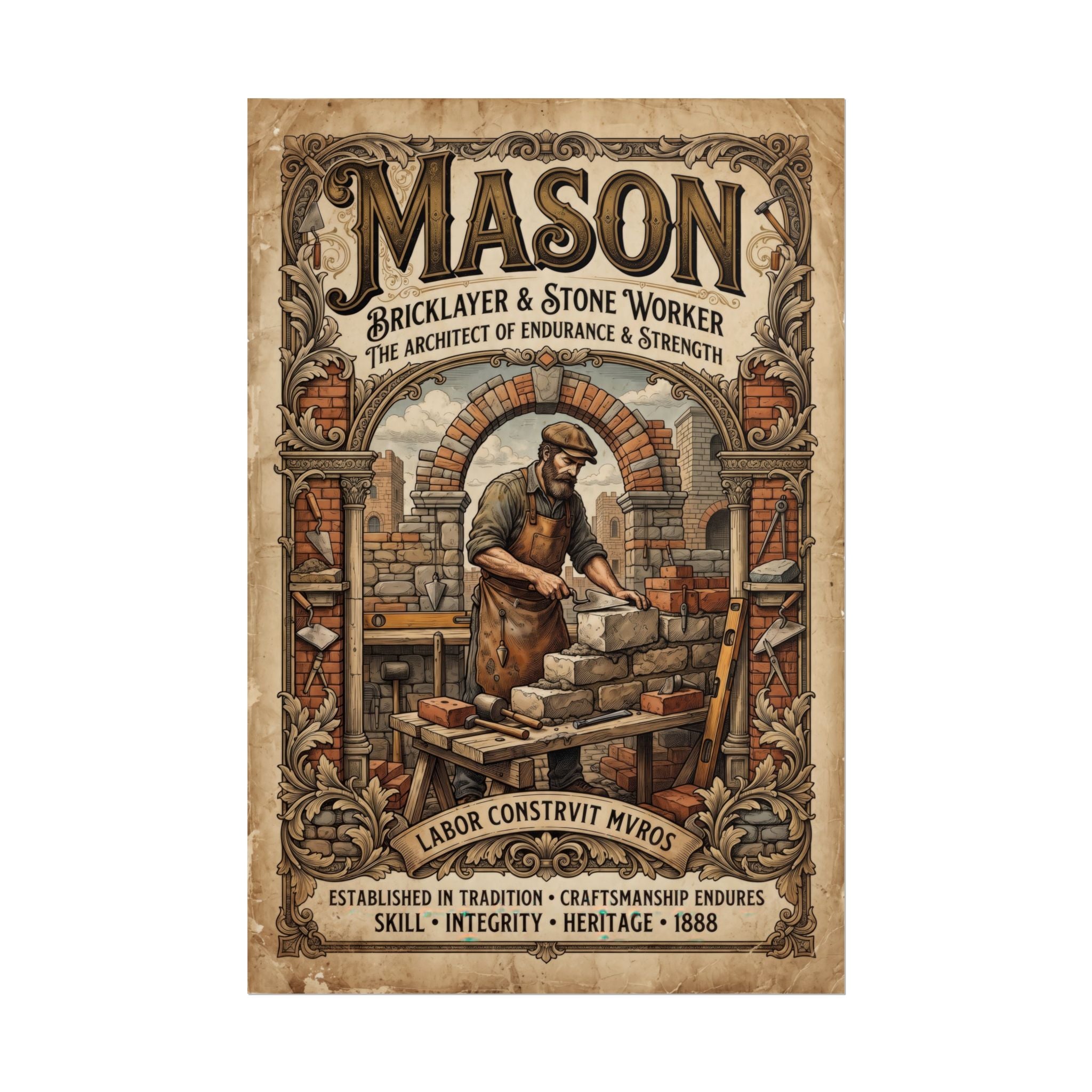 Mason Bricklayer Rolled Poster — Vintage Stoneworker Print - DCA0373
