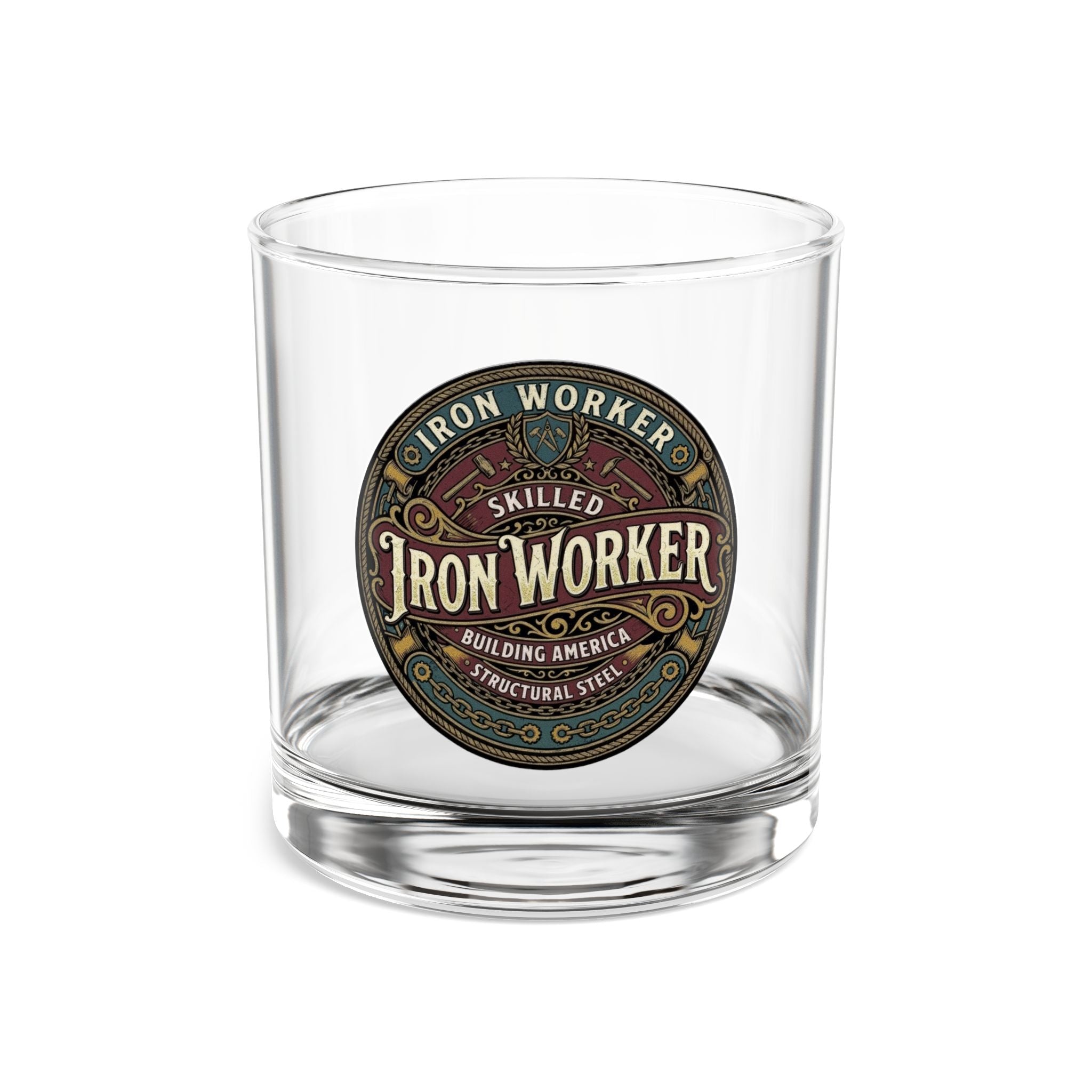 Iron Worker 10oz Rocks Glass — Skilled Iron Worker Vintage Badge Whiskey Glass - DCA0258