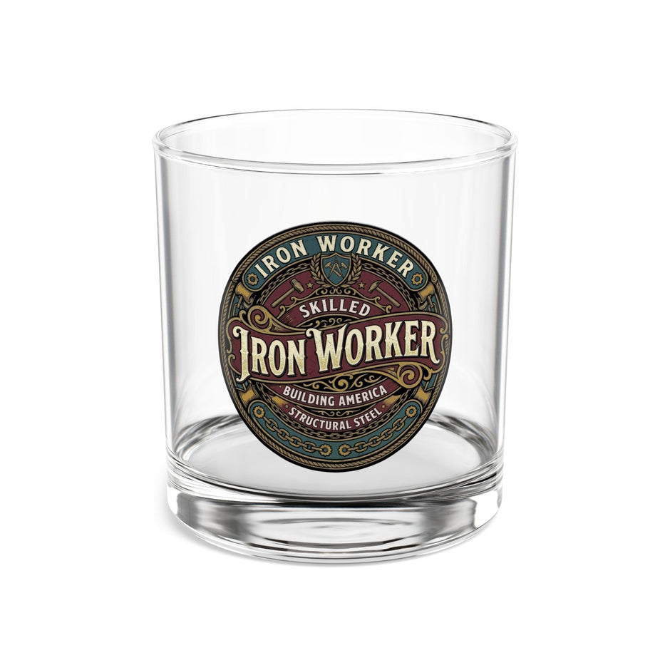 Iron Worker 10oz Rocks Glass — Skilled Iron Worker Vintage Badge Whiskey Glass - DCA0258