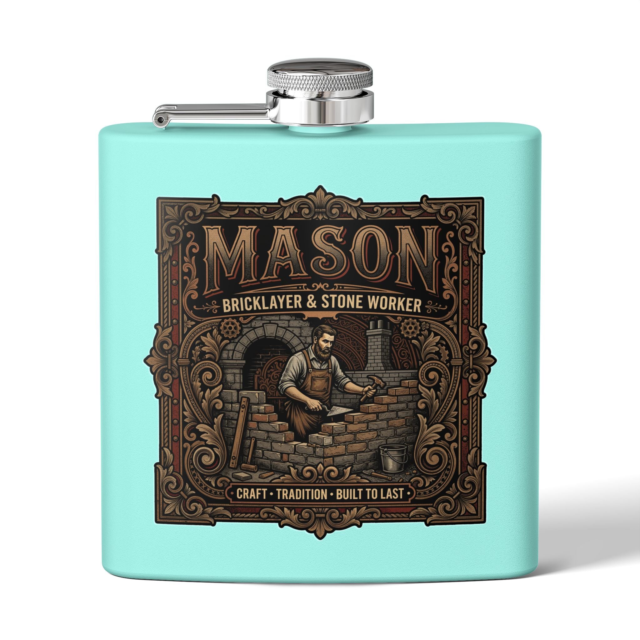 Mason Bricklayer 6oz Stainless Steel Flask – Vintage Stoneworker Design - DCA0427