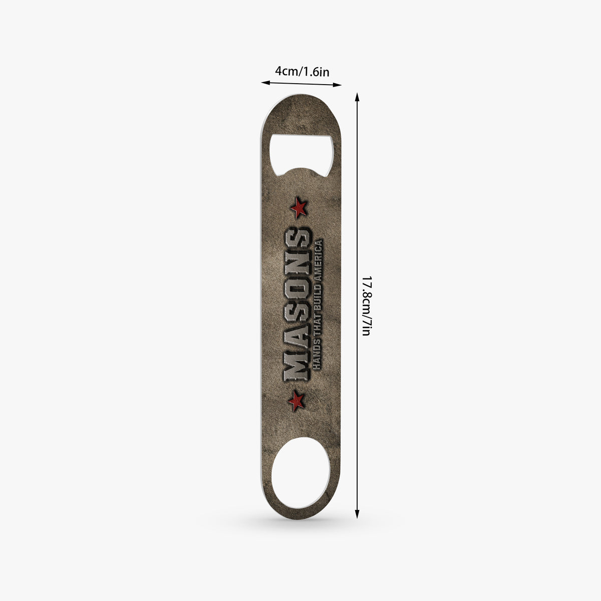 A bottle opener with a distressed brown and gray woodgrain finish, featuring the text 'MASON'S American Wood Vise' and red star accents. The image includes dimension lines indicating a width of 4cm (1.