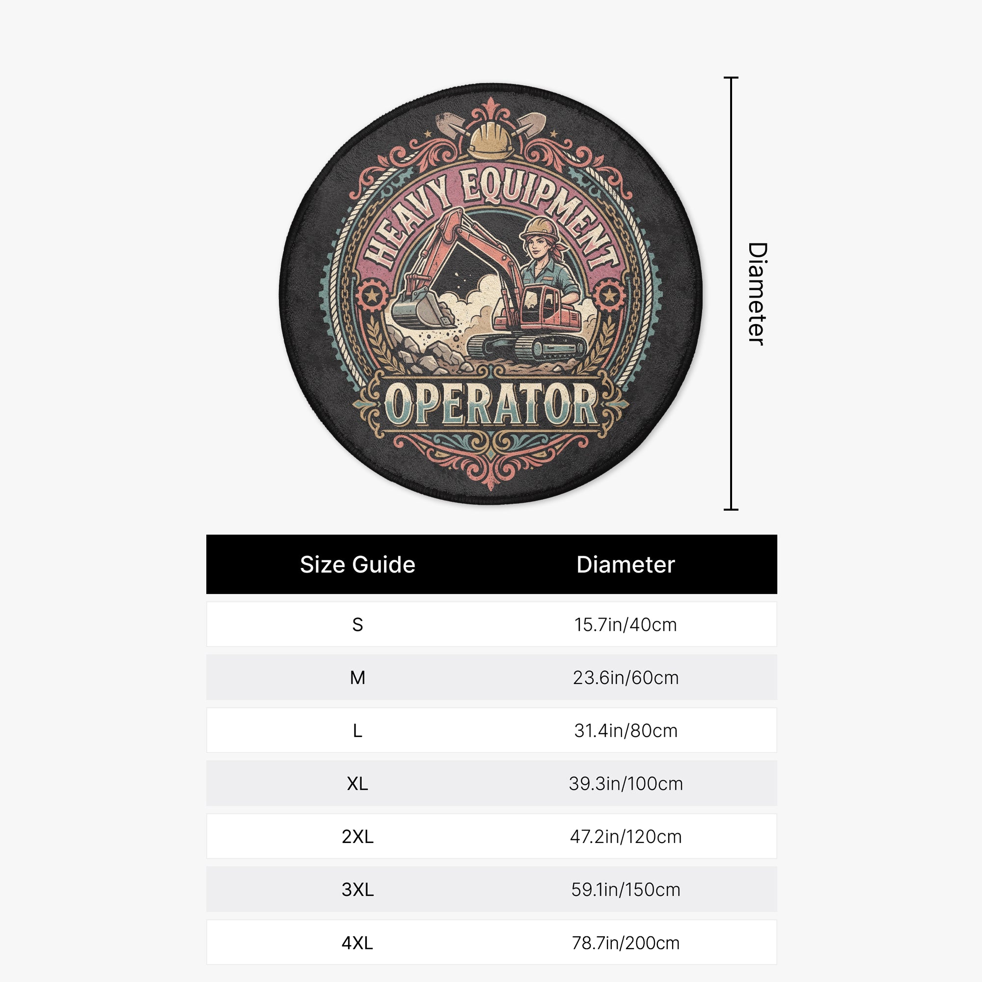 A circular graphic with a black background and a vintage-style excavator illustration reading 'HEAVY EQUIPMENT OPERATOR,' plus a size guide table below showing diameter measurements for sizes S through 4XL.