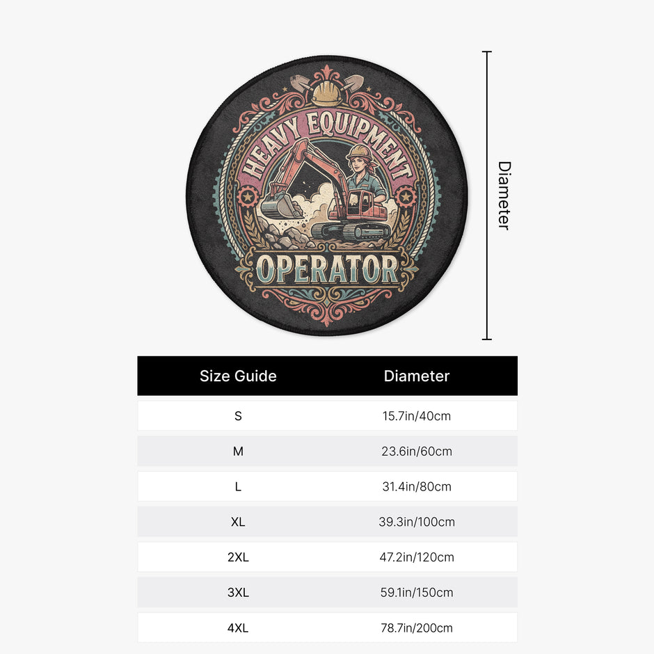 A circular graphic with a black background and a vintage-style excavator illustration reading 'HEAVY EQUIPMENT OPERATOR,' plus a size guide table below showing diameter measurements for sizes S through 4XL.