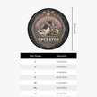 A circular graphic with a black background and a vintage-style excavator illustration reading 'HEAVY EQUIPMENT OPERATOR,' plus a size guide table below showing diameter measurements for sizes S through 4XL.