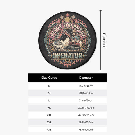 A circular graphic with a black background and a vintage-style excavator illustration reading 'HEAVY EQUIPMENT OPERATOR,' plus a size guide table below showing diameter measurements for sizes S through 4XL.