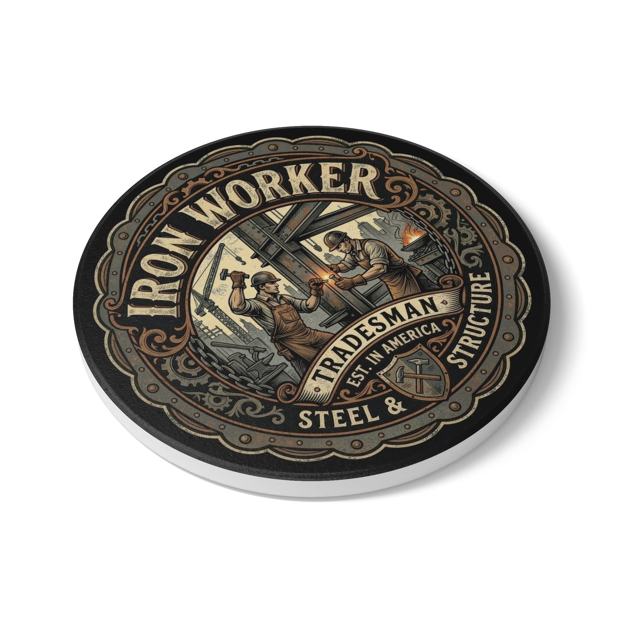 Iron Worker Tradesman Ceramic Coaster — Steel & Structure Vintage Industrial Drink Coaster - DCA0260
