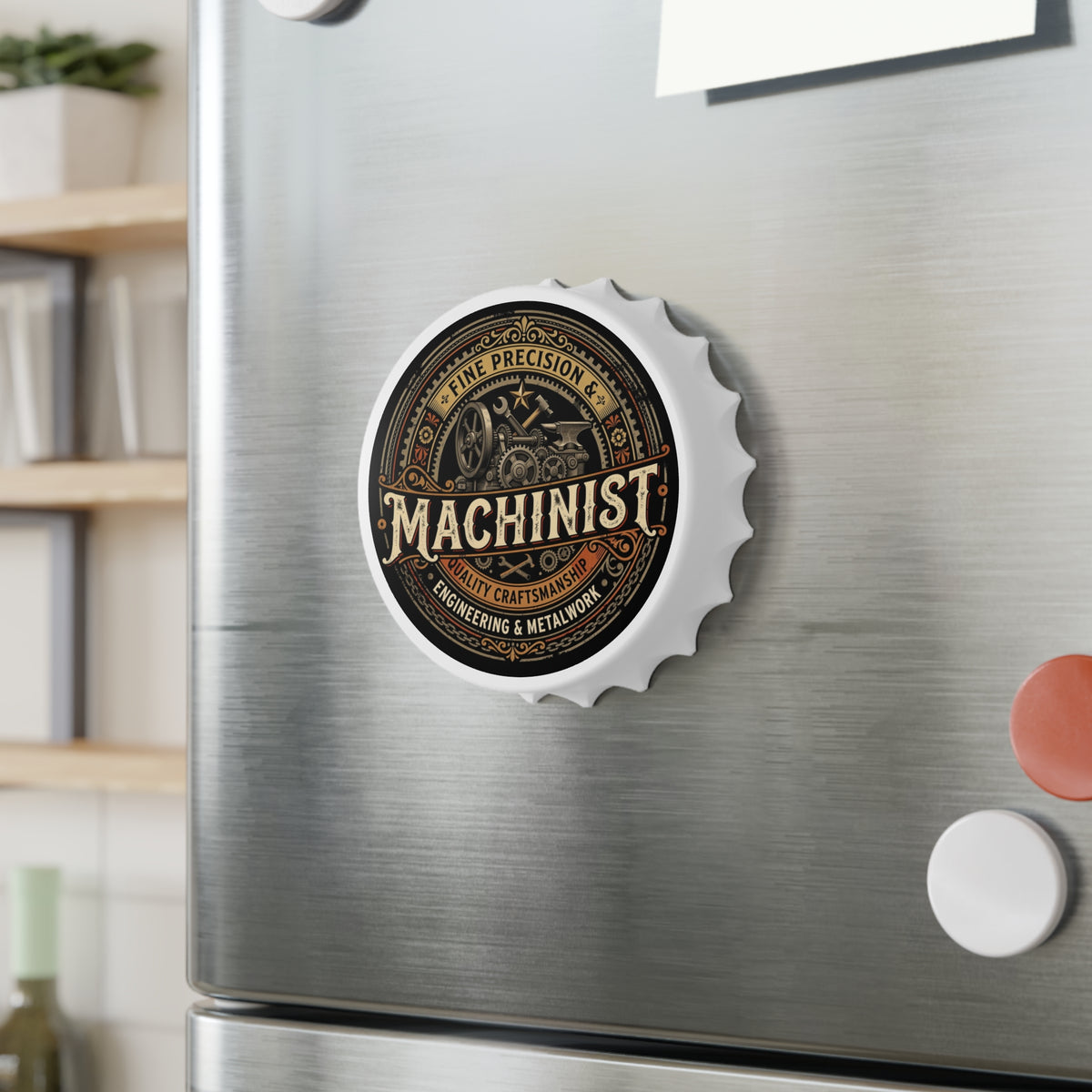 A bottle-cap-shaped refrigerator magnet with a machinist emblem, shown attached to a brushed stainless steel fridge door in a kitchen setting.