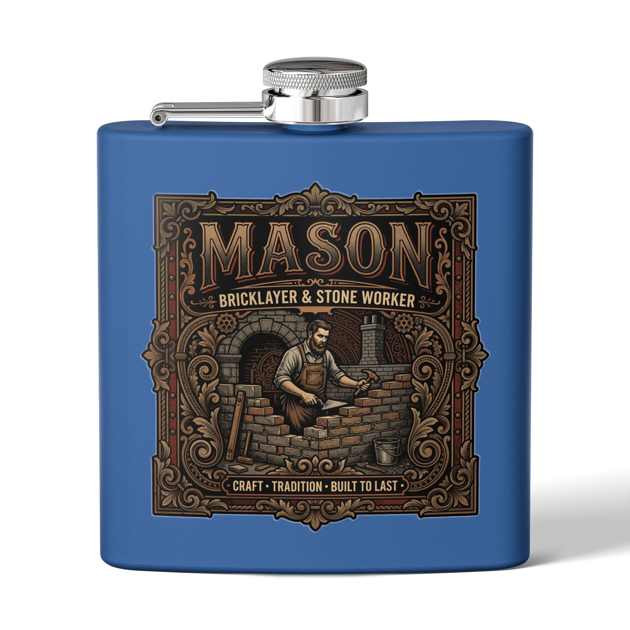 A blue metal flask with a silver screw cap and side spout, featuring a large vintage-style front graphic that reads “MASON Bricklayer & Stone Worker” with an illustrated mason at a workbench.