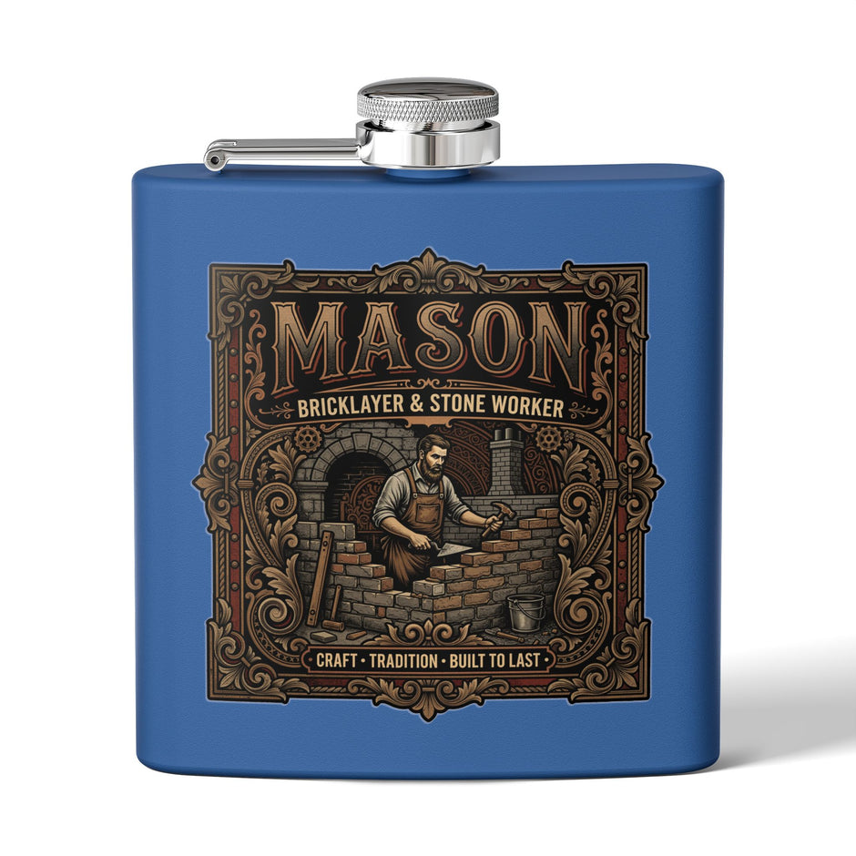 A blue metal flask with a silver screw cap and side spout, featuring a large vintage-style front graphic that reads “MASON Bricklayer & Stone Worker” with an illustrated mason at a workbench.