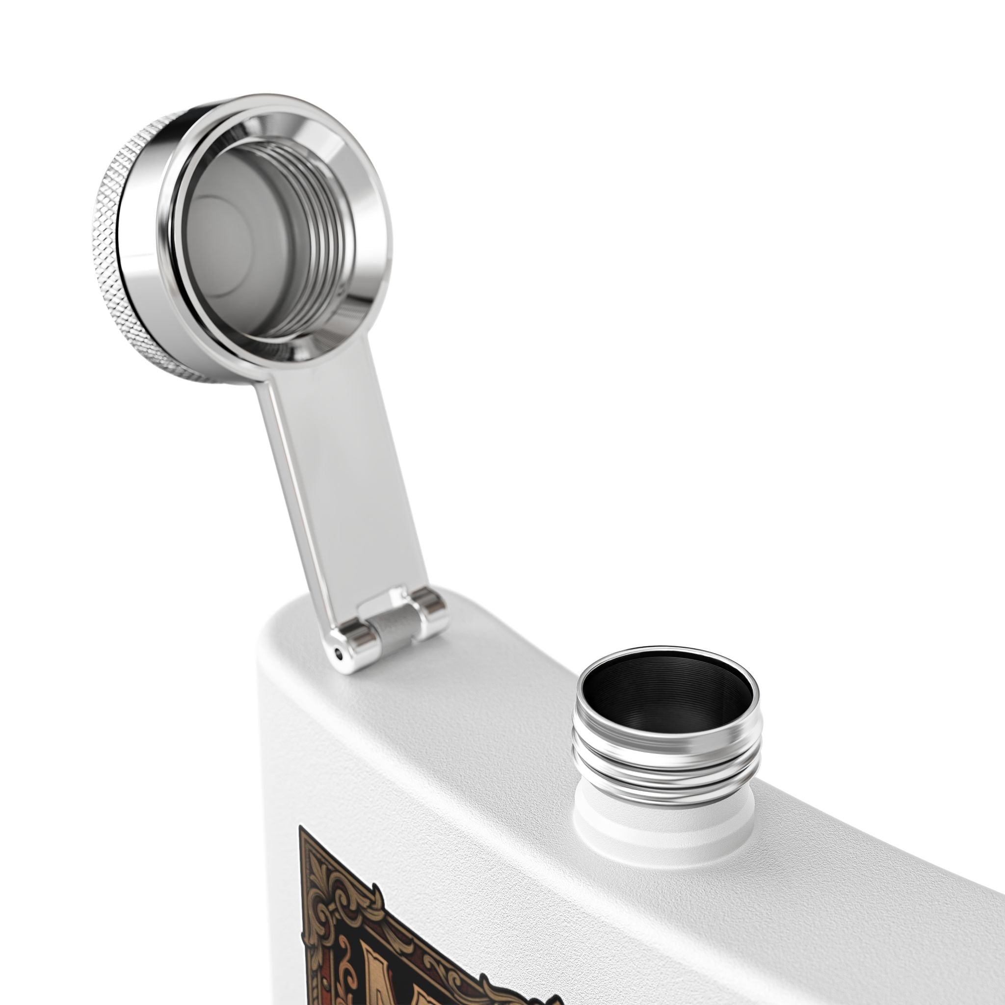 Close-up of a white flask with a hinged stainless steel lid swung open, showing the threaded metal rim and a black interior, on a clean white background.