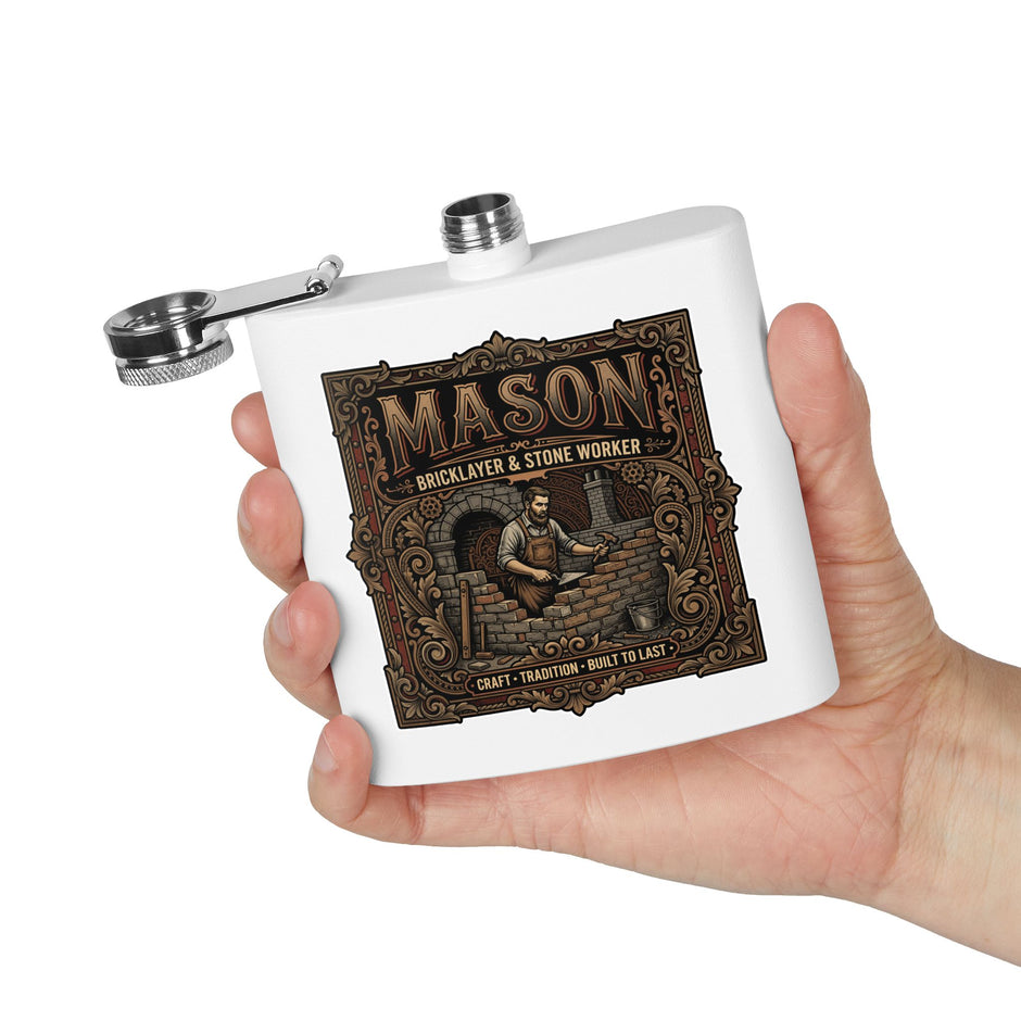 A hand holding a white flask with a silver metal cap and a decorative printed label that reads “MASON Bricklayer & Stone Worker” with an ornate brown illustration.