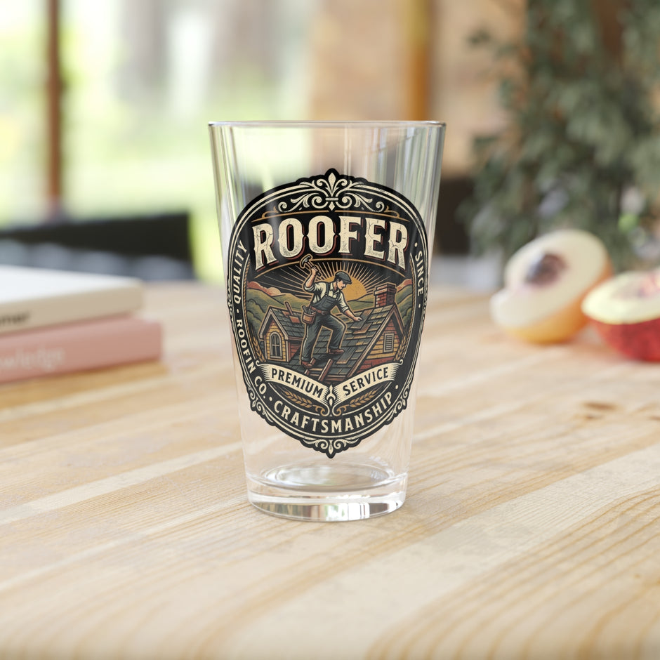 Roofer Vintage Emblem Pint Glass — 16oz Craftsman Beer Glass - DCA0189