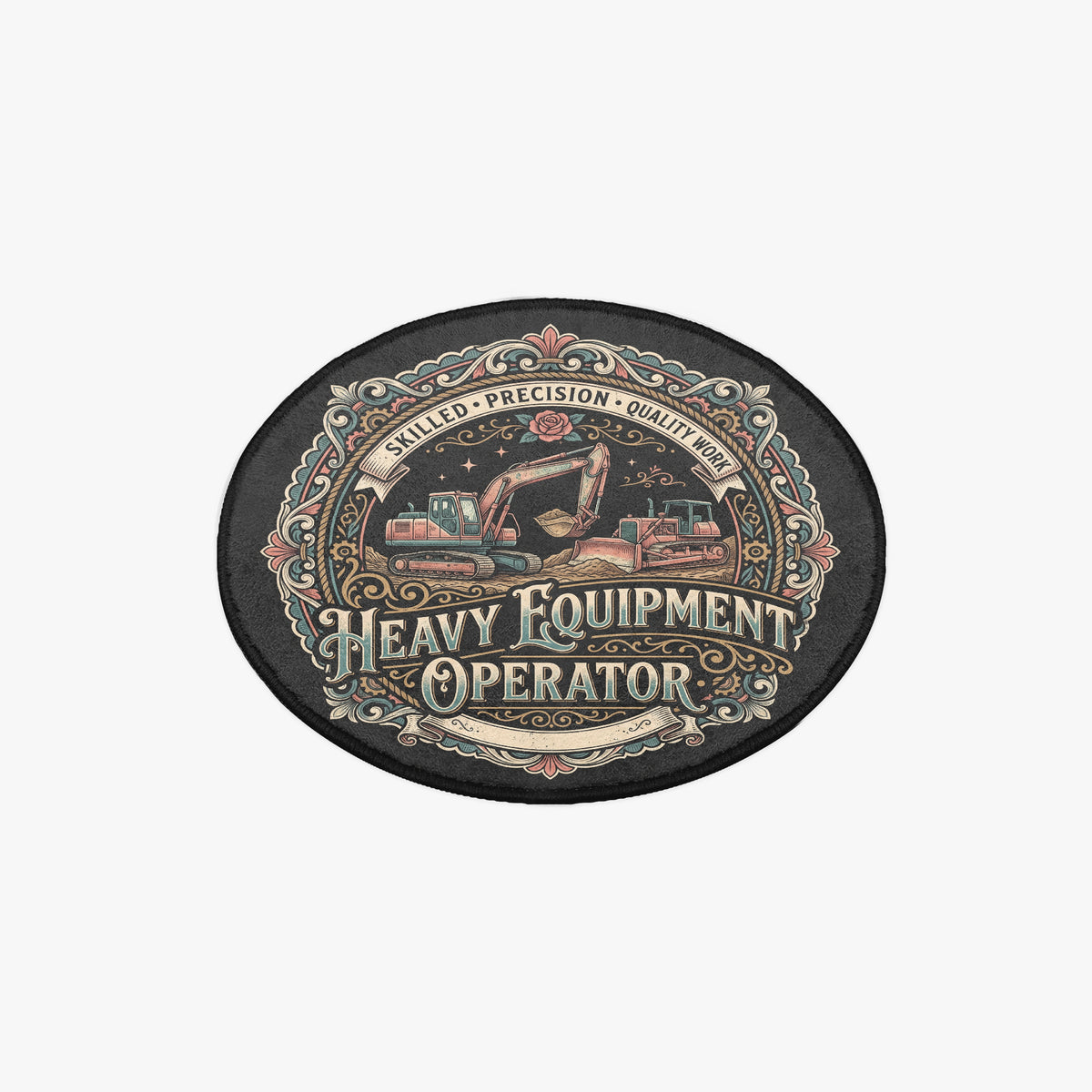 An oval-shaped black patch or badge featuring a vintage-style illustration of construction equipment and the text 'HEAVY EQUIPMENT OPERATOR' with 'SKILLED • PRECISION • QUALITY WORK' above it.