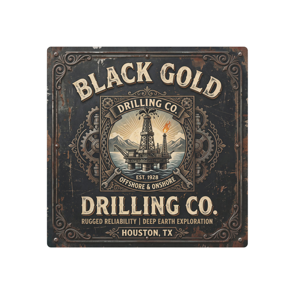 Oil Rigger - Black Gold Drilling Co. Metal Sign — Vintage Oil Rig Wall Art (Houston TX) - DCA0440