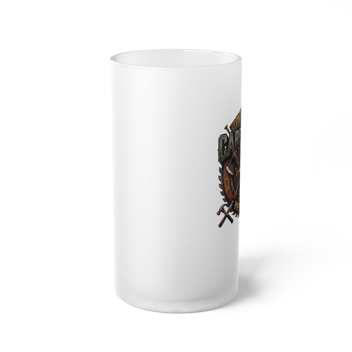 Carpenter Frosted Glass Beer Mug — Saw & Axe-Style Logo - DCA0506