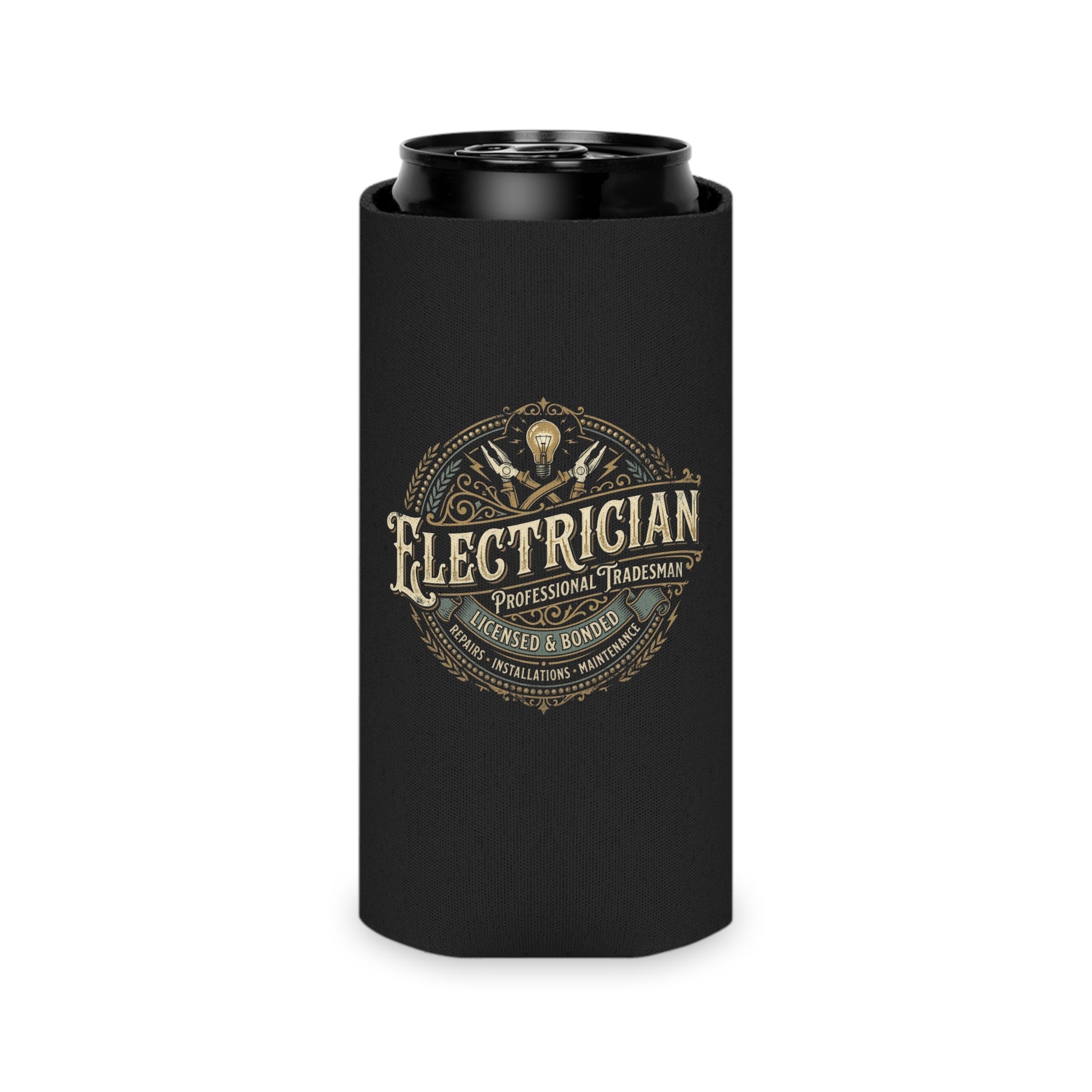 Electrician Can Cooler – Vintage Tradesman Logo Beverage Koozie - DCA0287