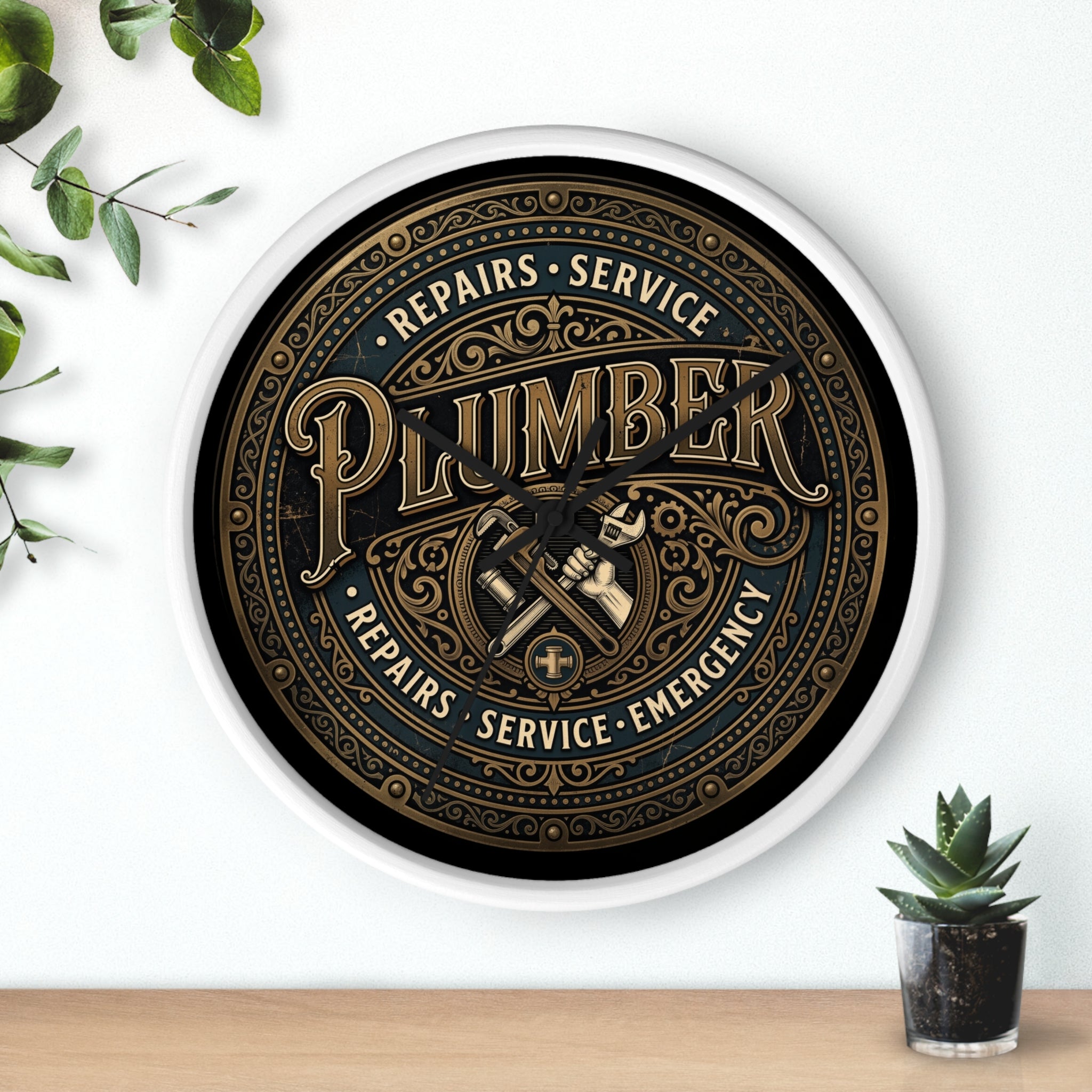 Plumber Vintage Emblem Wall Clock — Repairs • Service • Emergency - DCA0398
