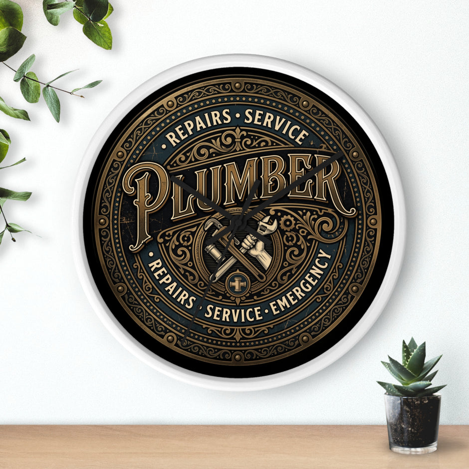 Plumber Vintage Emblem Wall Clock — Repairs • Service • Emergency - DCA0398