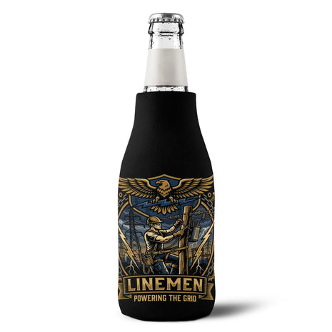 Lineman Zip-Up Bottle Cooler Sleeve — "LINEMEN Powering the Grid" Insulated Koozie - DCA0484