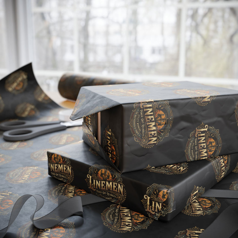 Linemen Wrapping Paper Roll — Vintage 'Legend' Emblem Pattern on Black (Gift Wrap)
