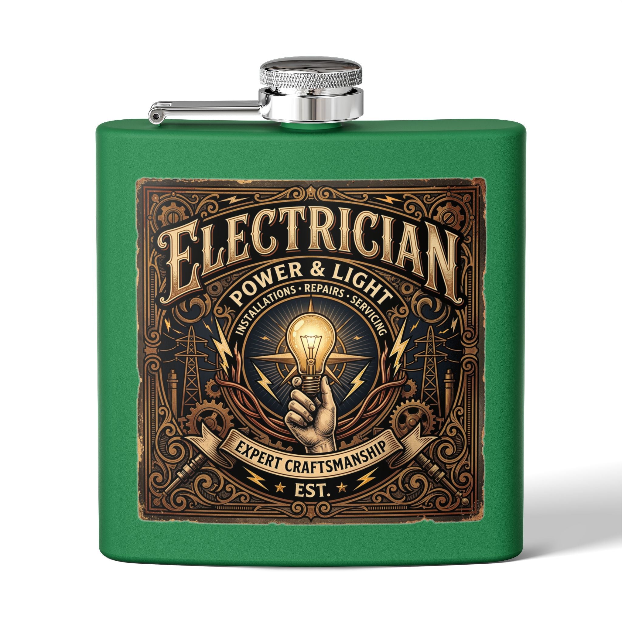 Electrician Licensed & Bonded Flask – 6oz Stainless Steel Hip Flask (Power • Lighting • Repairs) - DCA0421