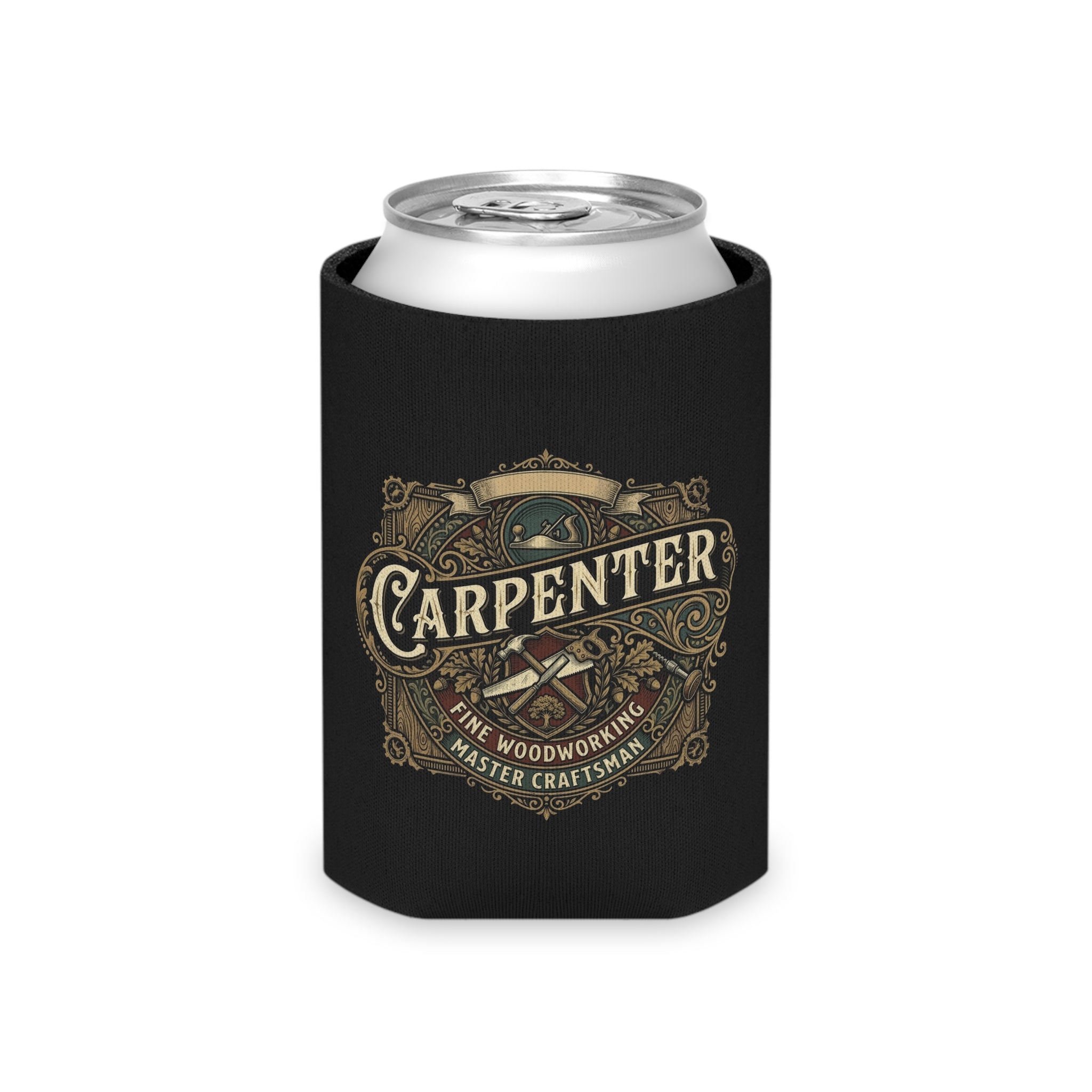 Carpenter Can Cooler — Retro Woodworking Logo Beverage Insulator - DCA0286