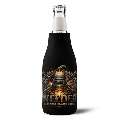 Welder Zip-Up Bottle Cooler Sleeve — Insulated Can Cooler with Welding Helmet & Sparks - DCA0495