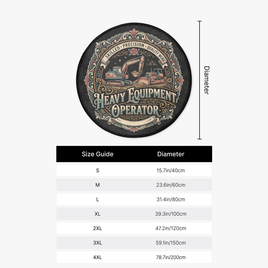 A circular graphic with a black background and a decorative excavator illustration, labeled 'Heavy Equipment Operator,' plus a size guide table below showing diameter measurements for sizes S through 4XL. A vertical dimension line on the right indicates the diameter.