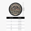 A circular graphic with a black background and a decorative excavator illustration, labeled 'Heavy Equipment Operator,' plus a size guide table below showing diameter measurements for sizes S through 4XL. A vertical dimension line on the right indicates the diameter.