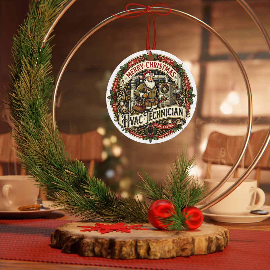 HVAC Technician Christmas Metal Ornament — Merry Christmas Santa HVAC Holiday Decoration - DCA0447