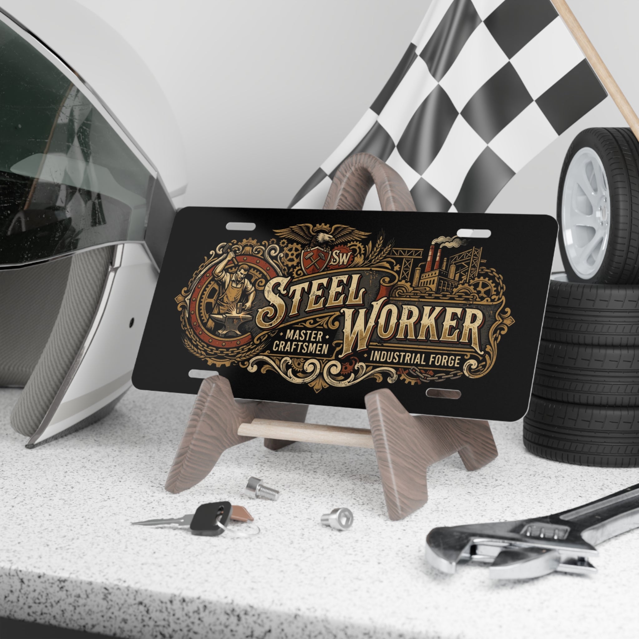 Steel Worker Vanity Plate — Vintage Industrial Forge License Tag - DCA0327