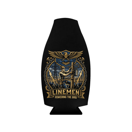Lineman Zip-Up Bottle Cooler Sleeve — "LINEMEN Powering the Grid" Insulated Koozie - DCA0484