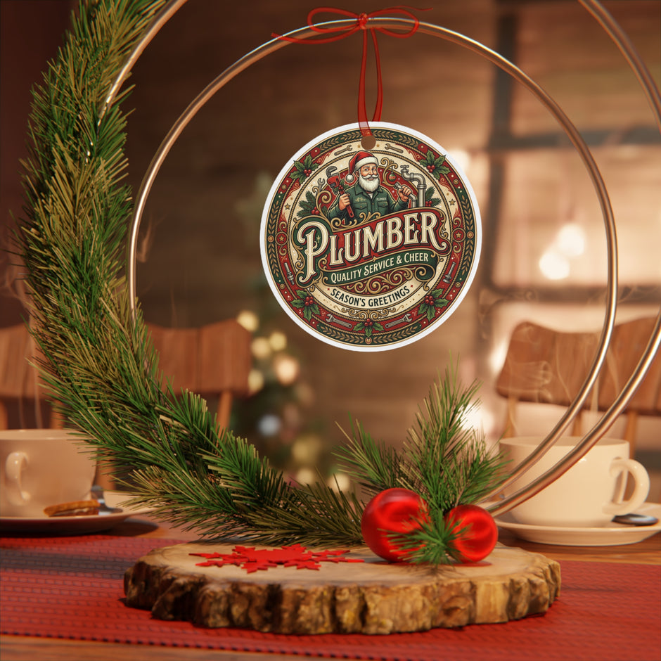 Plumber Christmas Ornament — 'Plumber: Quality Service & Cheer' Holiday Metal Decoration - DCA0458