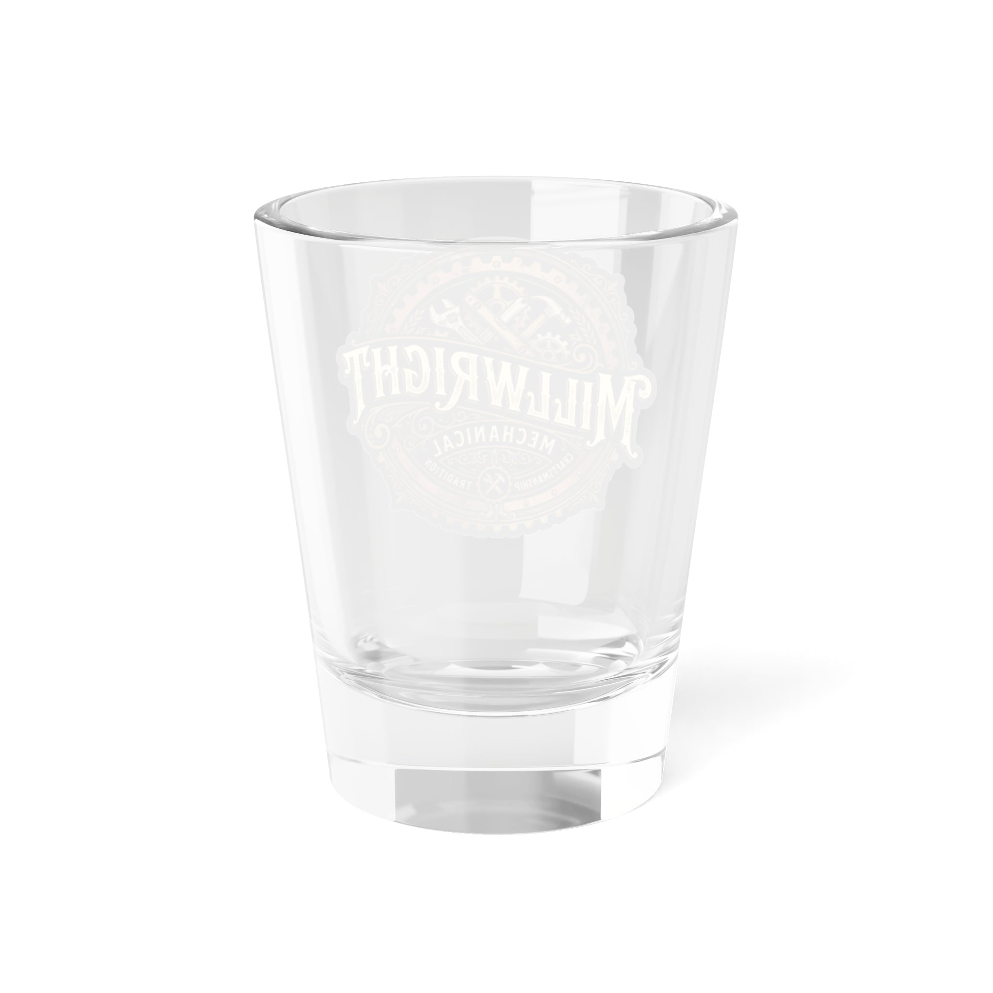 Millwright Mechanical Logo Shot Glass — 1.5oz Vintage Industrial Barware - DCA0188