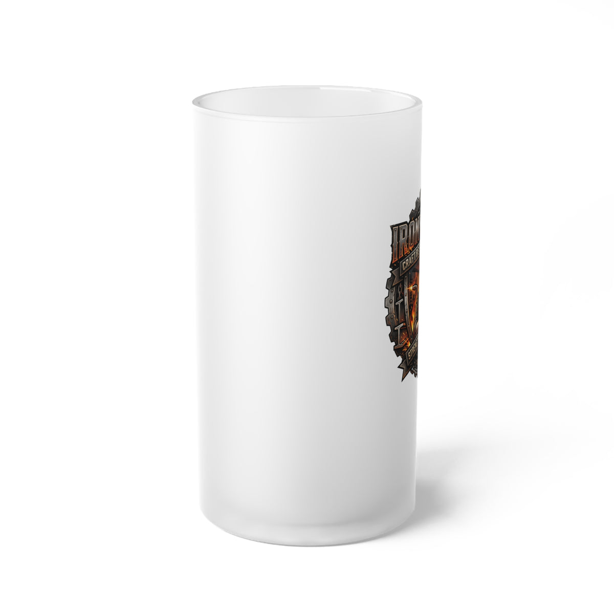 Ironworker Frosted Glass Beer Mug — Rustic Brewery Emblem for Steelworkers - DCA0510