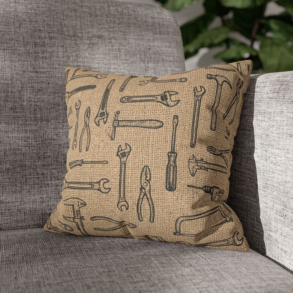 Tool Pattern Pillowcase — Rustic Mechanic Workshop Square Throw Pillow